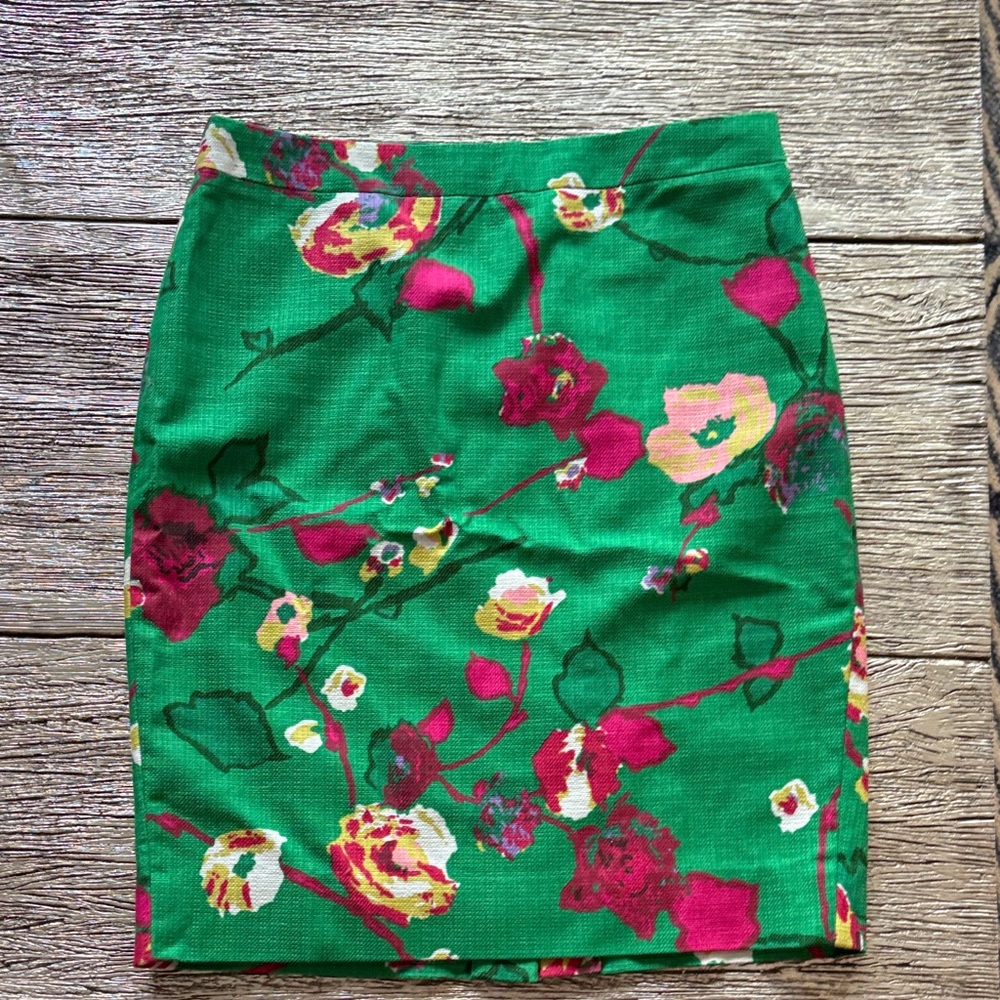 J. Crew Green Floral Pencil Skirt